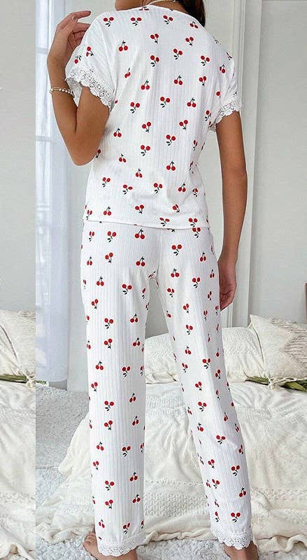 Lace trim Red Cherry Print top Lounge pajama Valentines set
