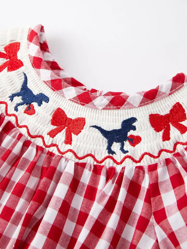 Girls Valentine's Day Dinosaur Bow Smocking Embroidered Romper