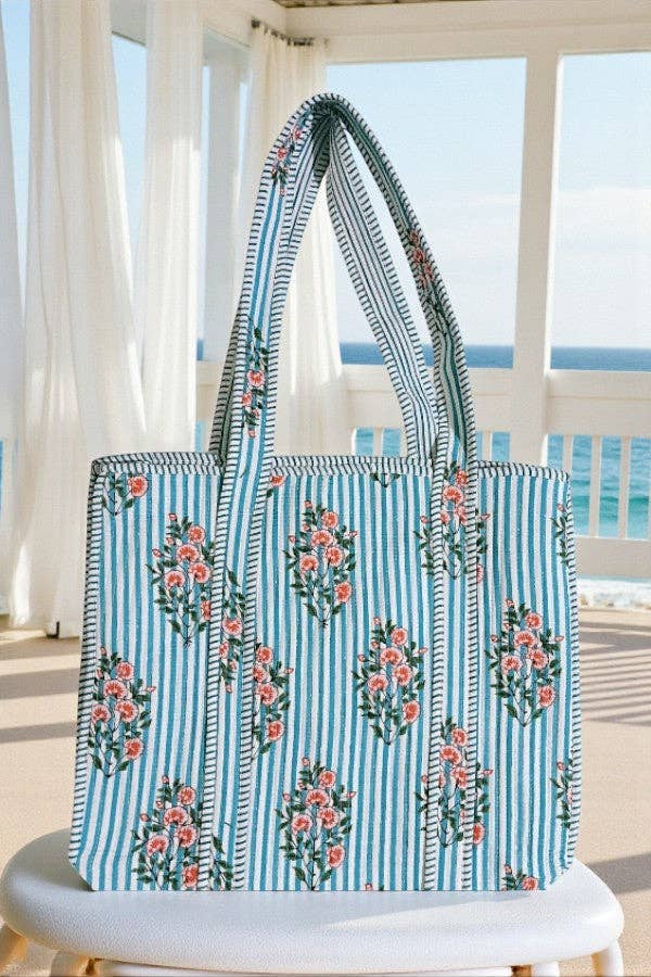 Cottage Garden Blue Striped Tote Bag