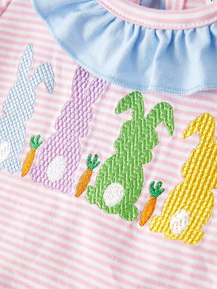 Easter Bunny Embroidery Girls Pink Stripe Romper