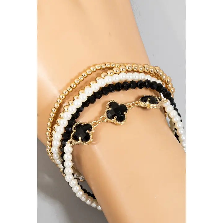 Faceted Clover Charms Mixed Beaded Bracelet Set