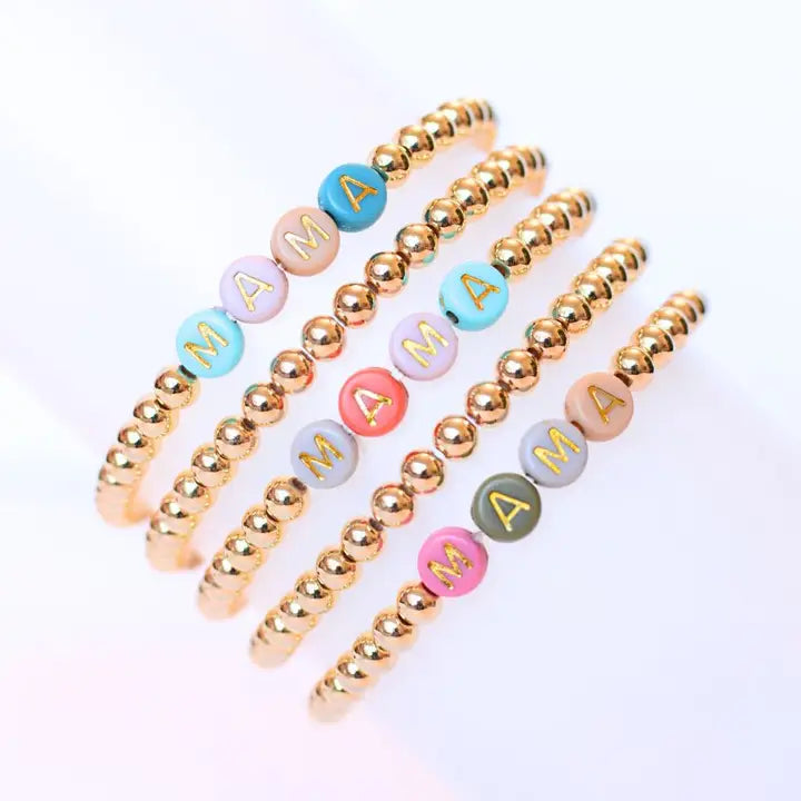 Gold Beaded Mama Multi Colored Stretch Bracelet