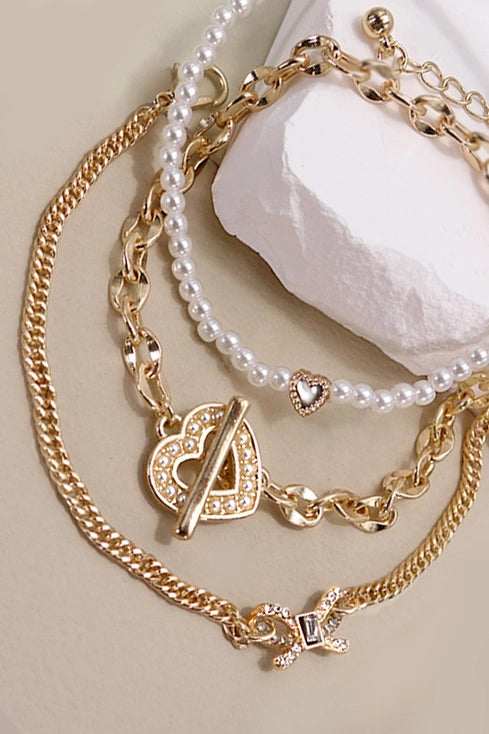 Bow Heart Pearl 3ROW Bracelet Set