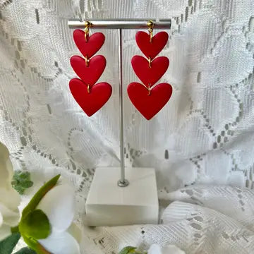 Three Tier Heart Earrings, Valentine's Day Clay Earrings