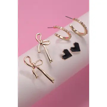 Trio Bow Hoop Heart Earrings