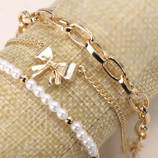 Bow Pearl Link Trio Set Bracelets