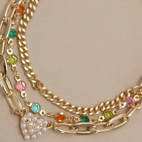 Pearl Heart Multi Stone Multi Layer Bracelet