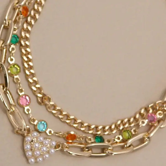 Pearl Heart Multi Stone Multi Layer Bracelet