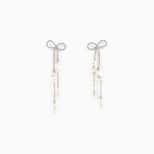 Long Bow Pearl Deco Drop Earrings