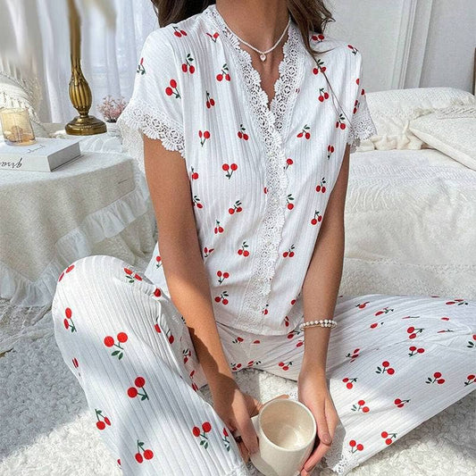 Lace trim Red Cherry Print top Lounge pajama Valentines set