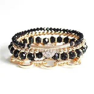 Black Crystal and Gold Chain Set of 5 Stretch Bracelet