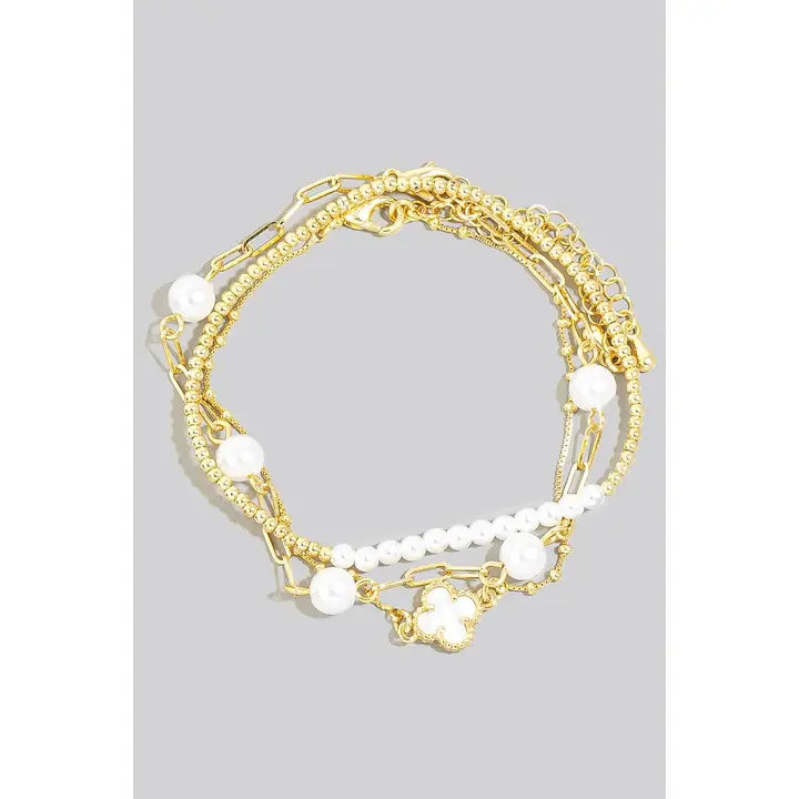 Gold Dipped Pearl Beaded Layered Chains Bracelet