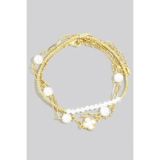 Gold Dipped Pearl Beaded Layered Chains Bracelet