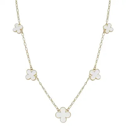 White Enamel Clover On Gold Chain 16"-18" Necklace
