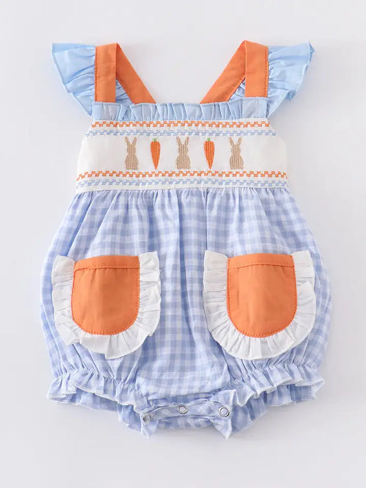 Blue Plaid Easter Rabbit Applique Ruffle Baby Romper
