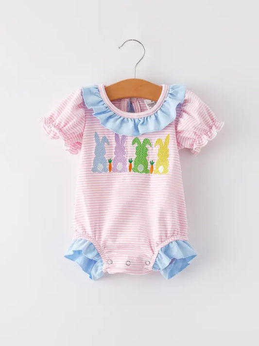 Easter Bunny Embroidery Girls Pink Stripe Romper