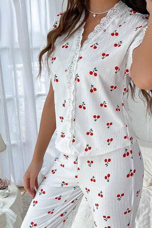 Lace trim Red Cherry Print top Lounge pajama Valentines set