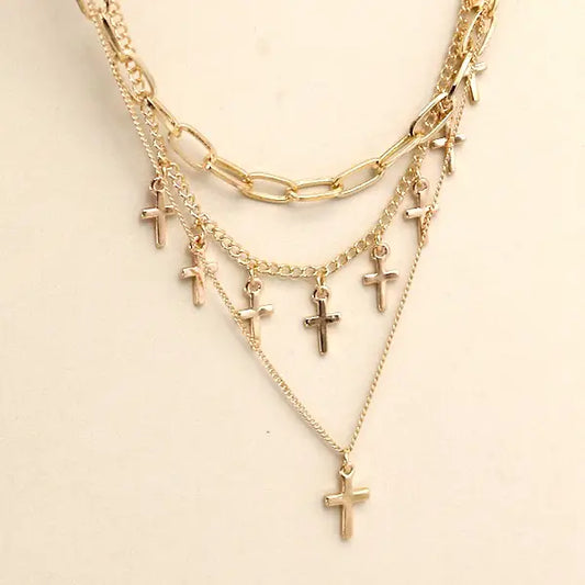 Cross Charm Multi Layer Necklace