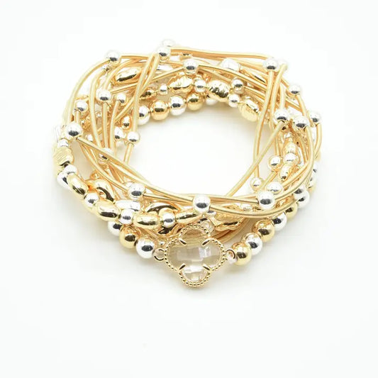 Gold Strands with Silver Beaded Stretch Bracelet Set with Clover