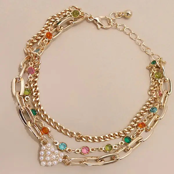 Pearl Heart Multi Stone Multi Layer Bracelet