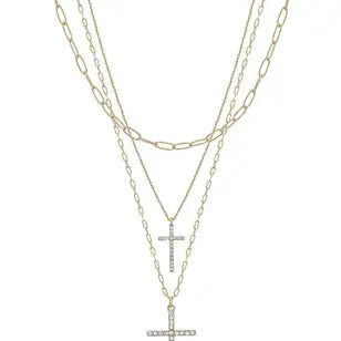 Gold Layered Rhinestone Double Cross 16"-18" Necklace