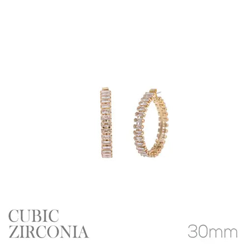 Gold Baguette Rhinestone Wrapped 1.25" Hoop Earring