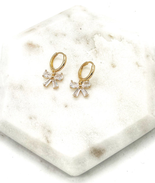 Bow Cz Sparkle Cubic Zirconia Gem Huggie Hoops Holiday