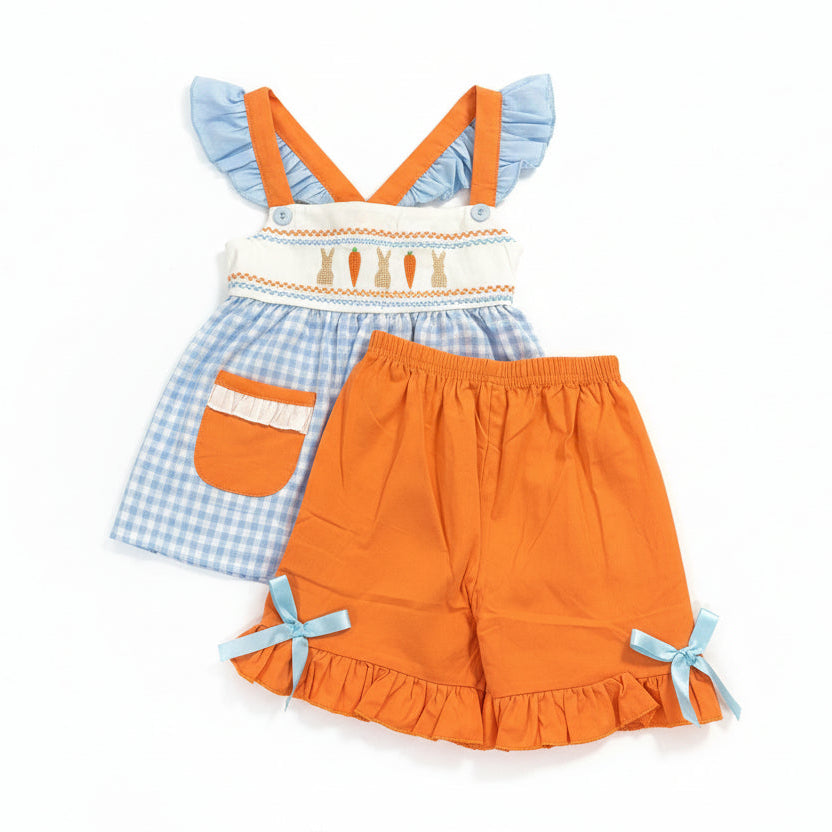 Blue Checkered Dress for little girl, Easter, With orange shorts