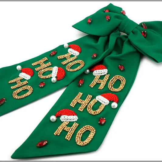 Green Hair Bow with Gold Seed Bead Ho, Ho, Ho