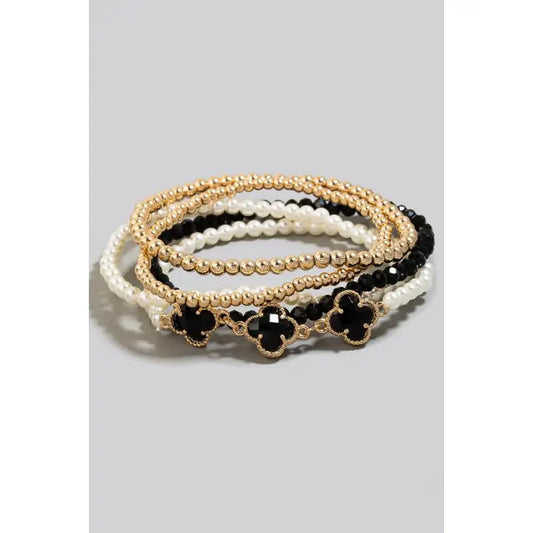 Faceted Clover Charms Mixed Beaded Bracelet Set