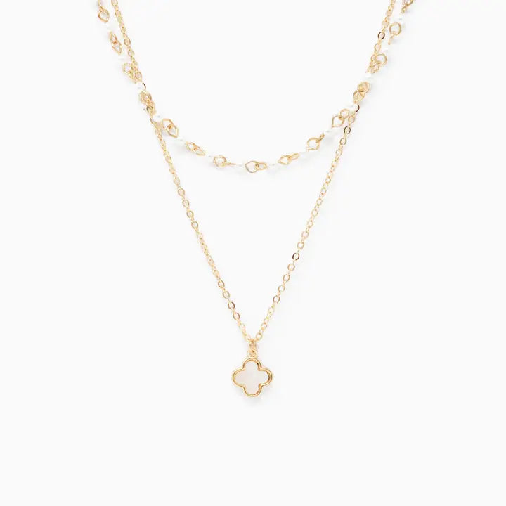 Double Layered Clover Necklace with Pearl Chain
