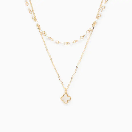 Double Layered Clover Necklace with Pearl Chain