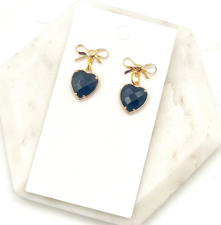 Gold Bow Black Heart Crystal Dangle Coquette Earrings