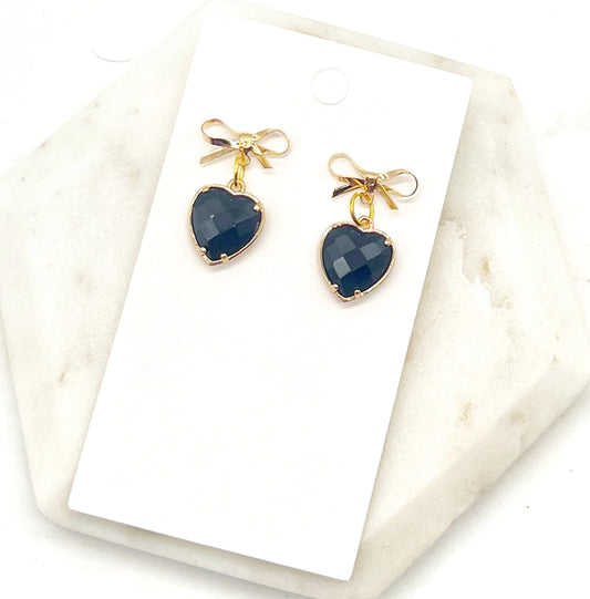 Gold Bow Black Heart Crystal Dangle Coquette Earrings