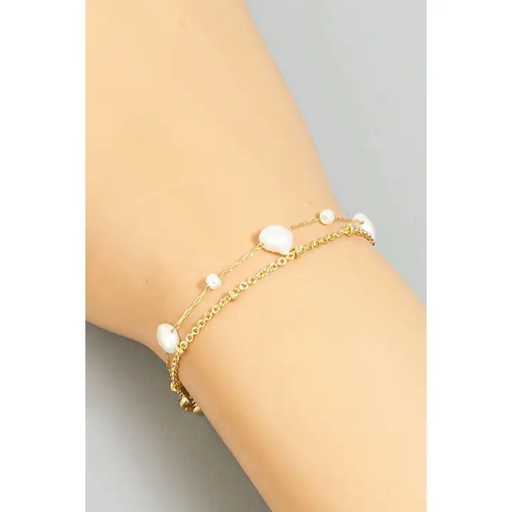 Pearl Station Beaded Layered Chain Bracelet