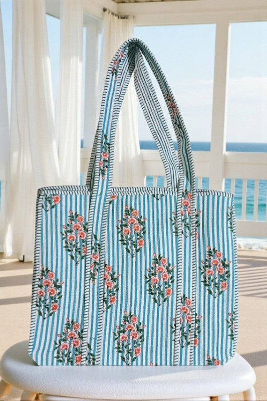 Cottage Garden Blue Striped Tote Bag