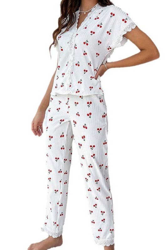 Lace trim Red Cherry Print top Lounge pajama Valentines set