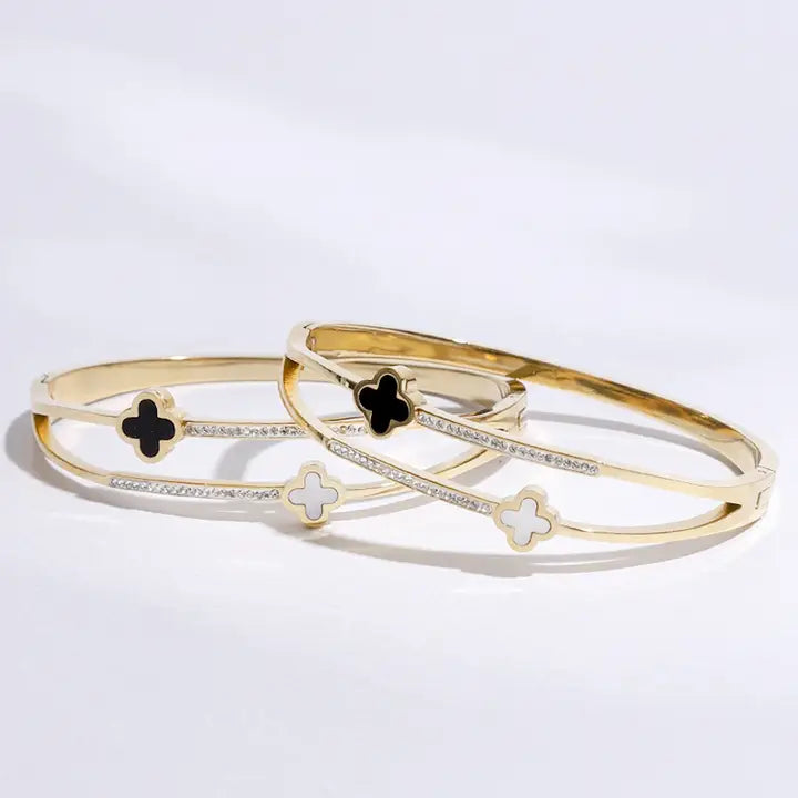 Gold Plated Two Tone Clover Cz Bangle Bracelet