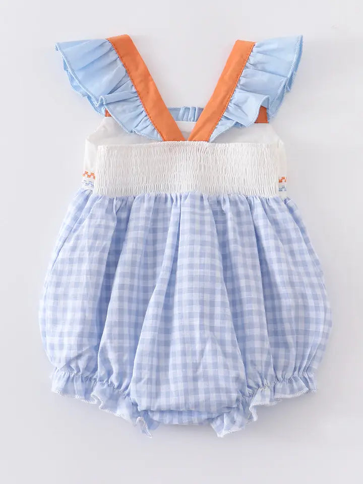 Blue Plaid Easter Rabbit Applique Ruffle Baby Romper