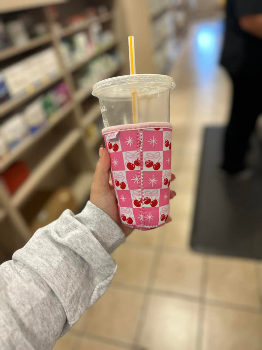 Cherry Bow Coquette Girl Iced Drink Sleeve - Medium 22-24oz